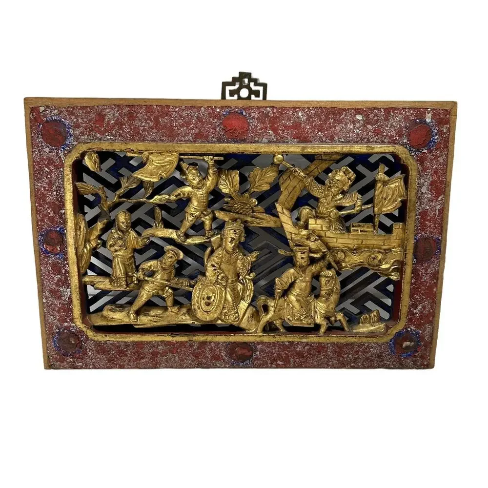 ANTIQUE CHINESE WOODEN CARVING PANEL GOLD LEAF GILT EMPERORS/WARRIORS ROYALTY
